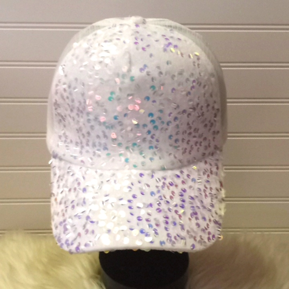White Sequins Padded Trucker Baseball Cap